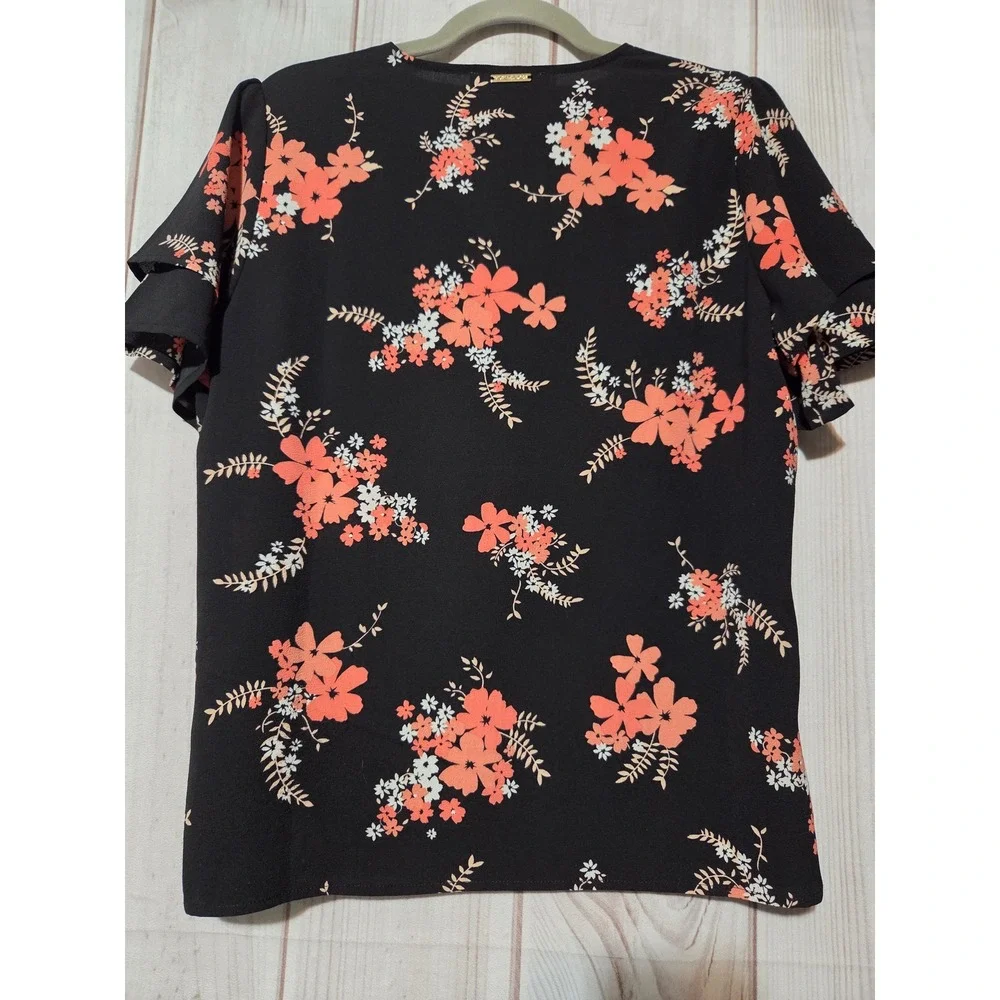 Michael Kors Womens Black Coral Floral V-Neck Flutter Sleeve Blouse Top Medium‎